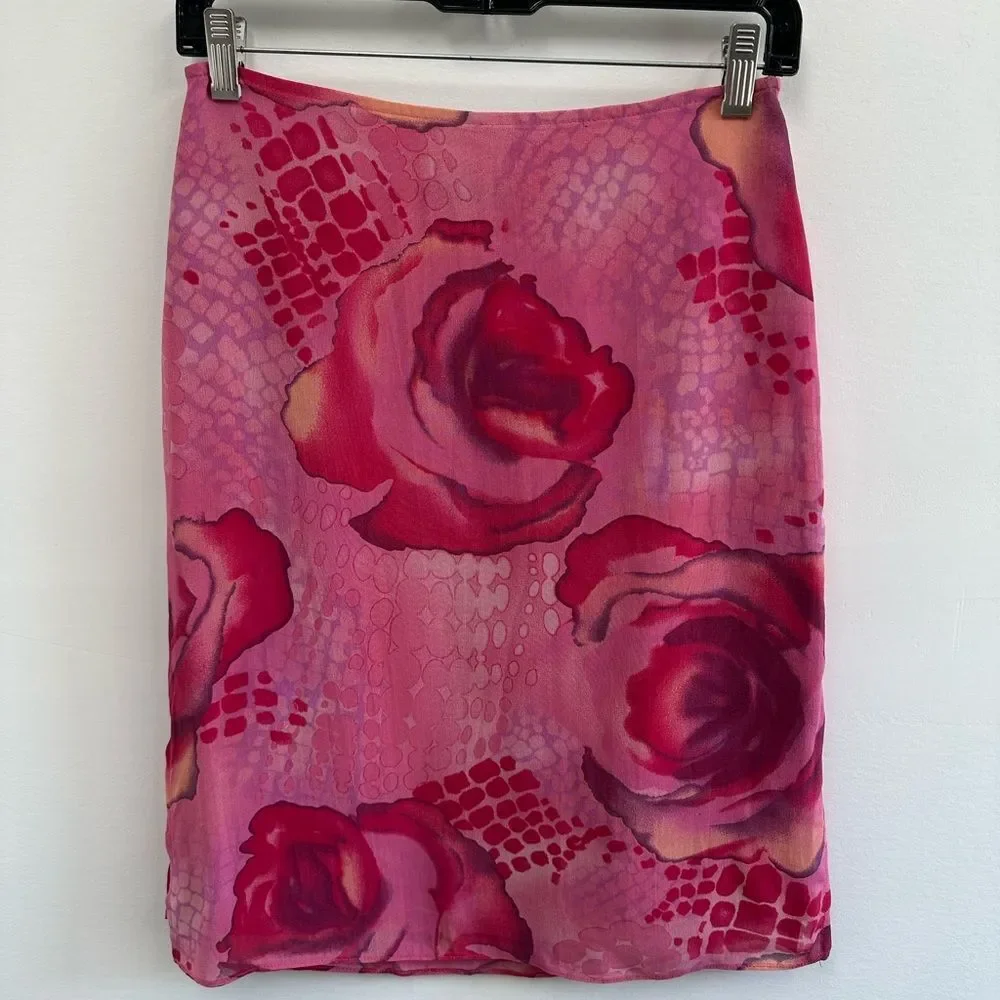 Vintage Y2K Guess Collection Pink Floral Rose Chiffon Pencil Mini Skirt Size 0